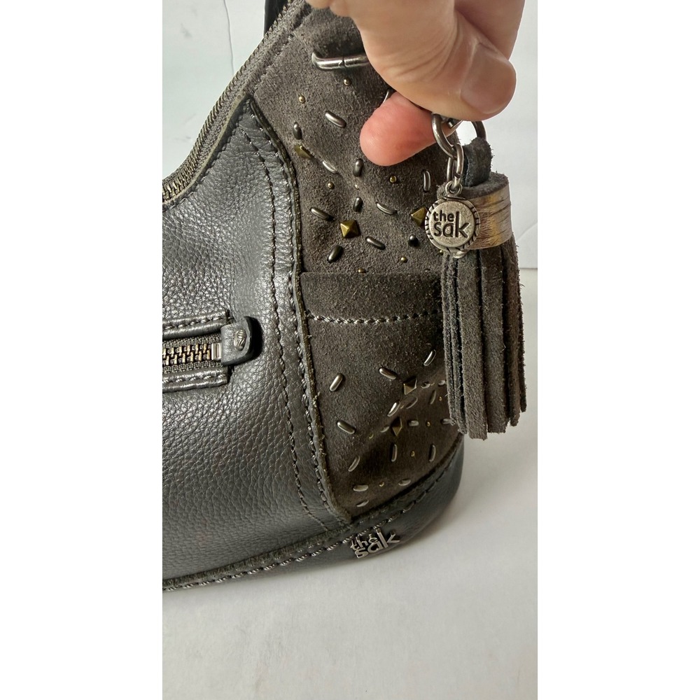 The Sak Kendra Leather and Suede Hobo Shoulder Bag Gray Studded Tassel Charm - Picture 3 of 12